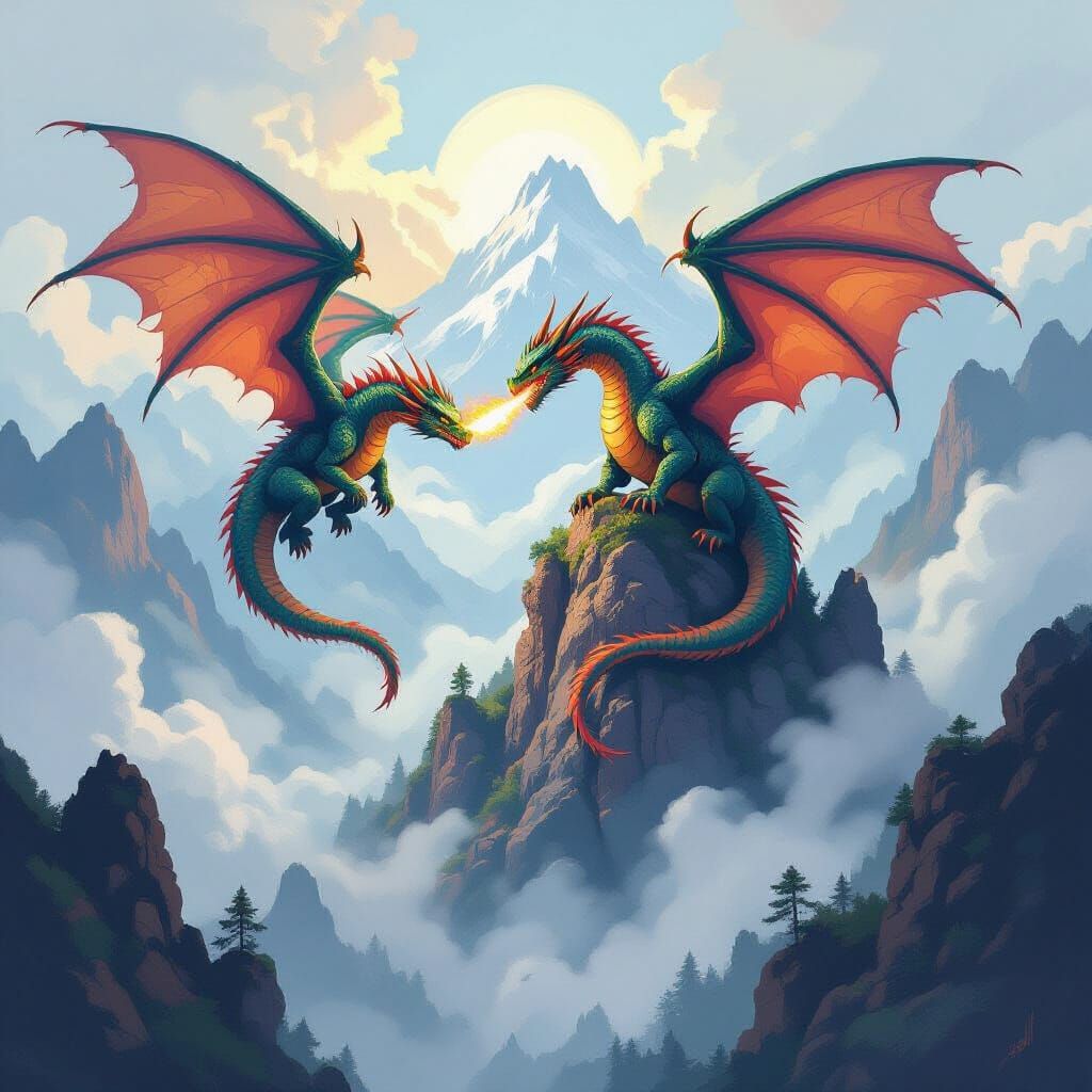 Dragons Circling Misty Mountaintop in Acrylic Style