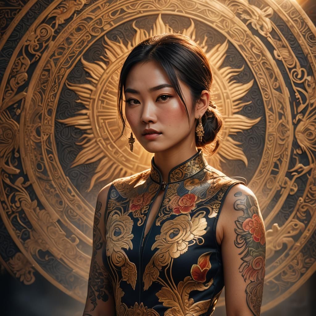 Radiant Asian Woman Portrait with Intricate Tattoos