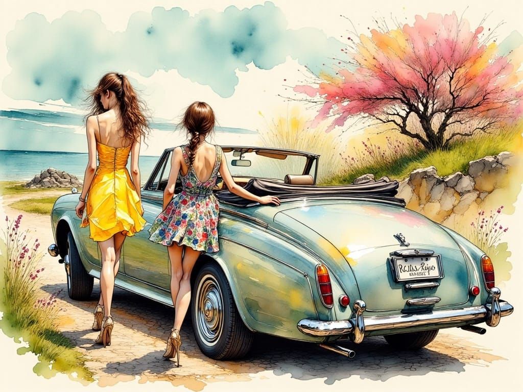 Two Women Driving Rolls Royce in Ink Illustration Style