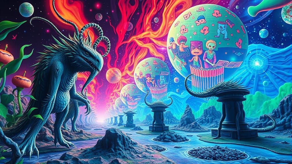 Vibrant Psychedelic Visions of Hybrid Realms