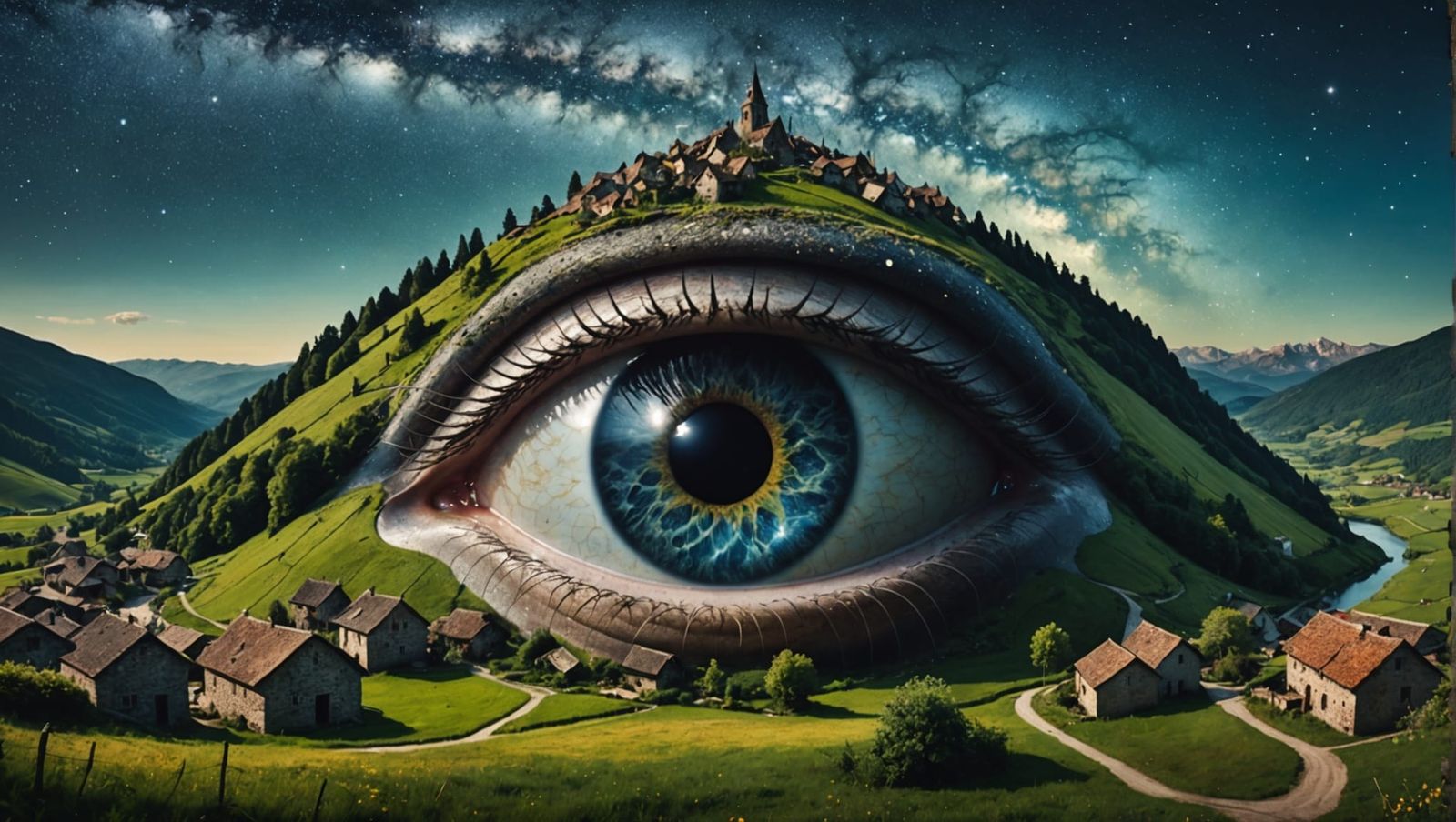 Surreal Eye Mountain Village Reflecting Galaxies