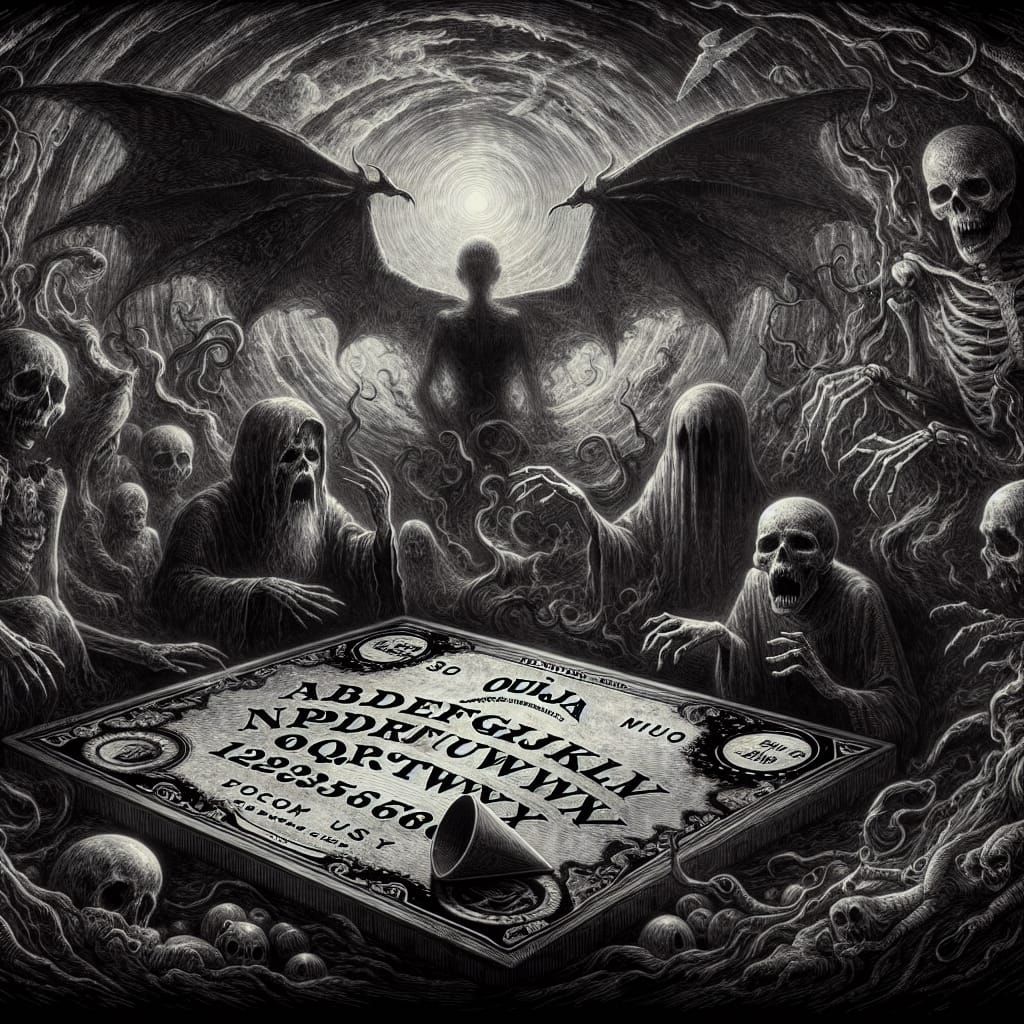Eerie Ouija Board Scene in Gustave Doré Style