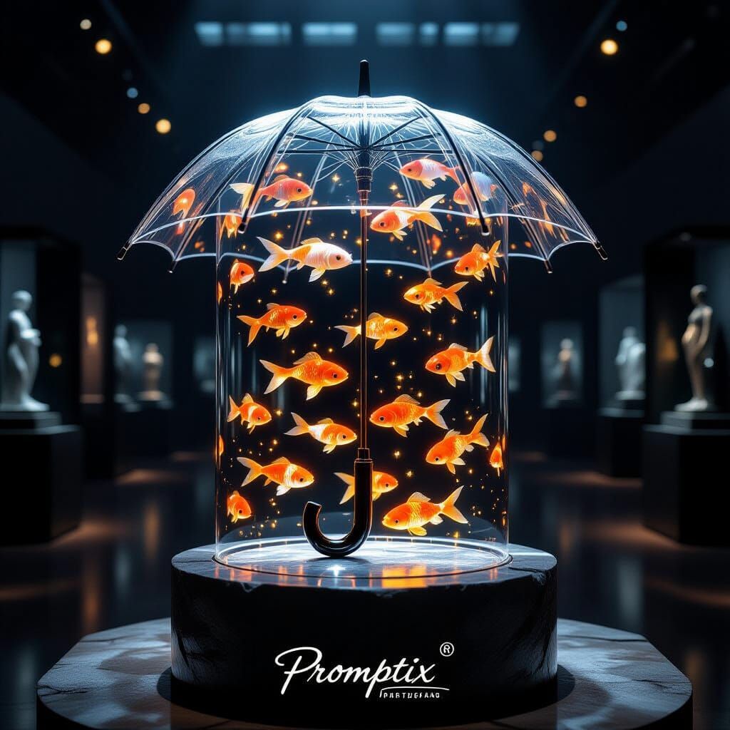 Crystal Umbrella with Koi Fish in Museum, 3D Render