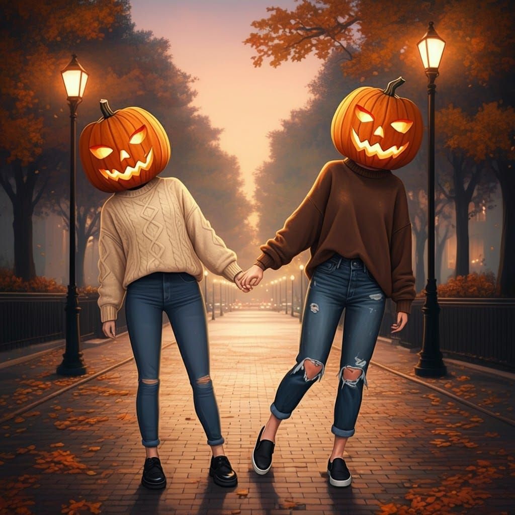Whimsical Twilight Scene with Jack-o'-Lantern Teens