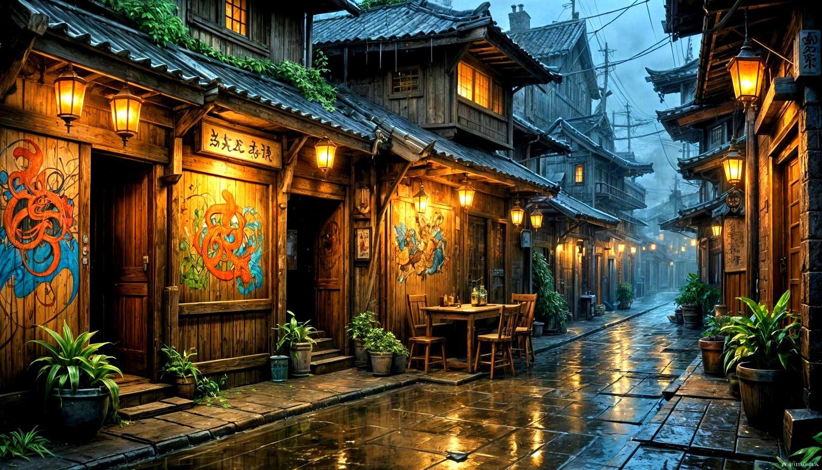 Rustic Japanese Tavern Alleyways in Rain Night