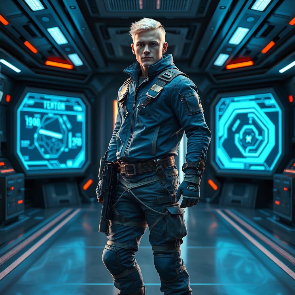 Futuristic Soldier in High-Tech Command Center