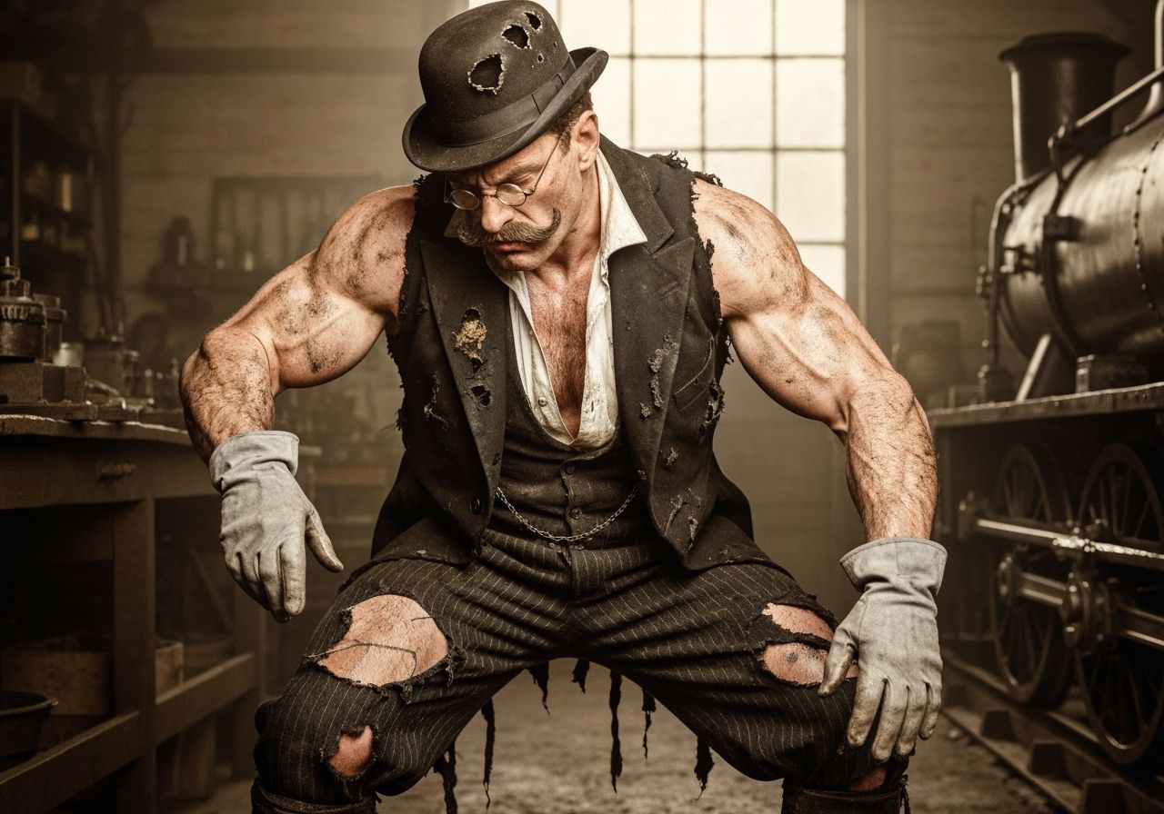 Edwardian Engineer Repairs Steam Train: Sepia-Toned Photo