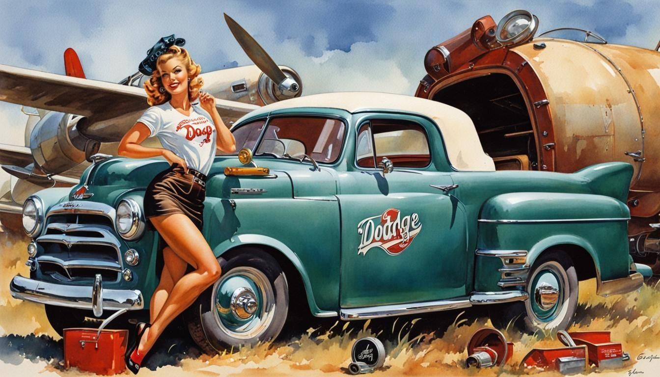 Auto Mechanic Pinup in Watercolor and Ink