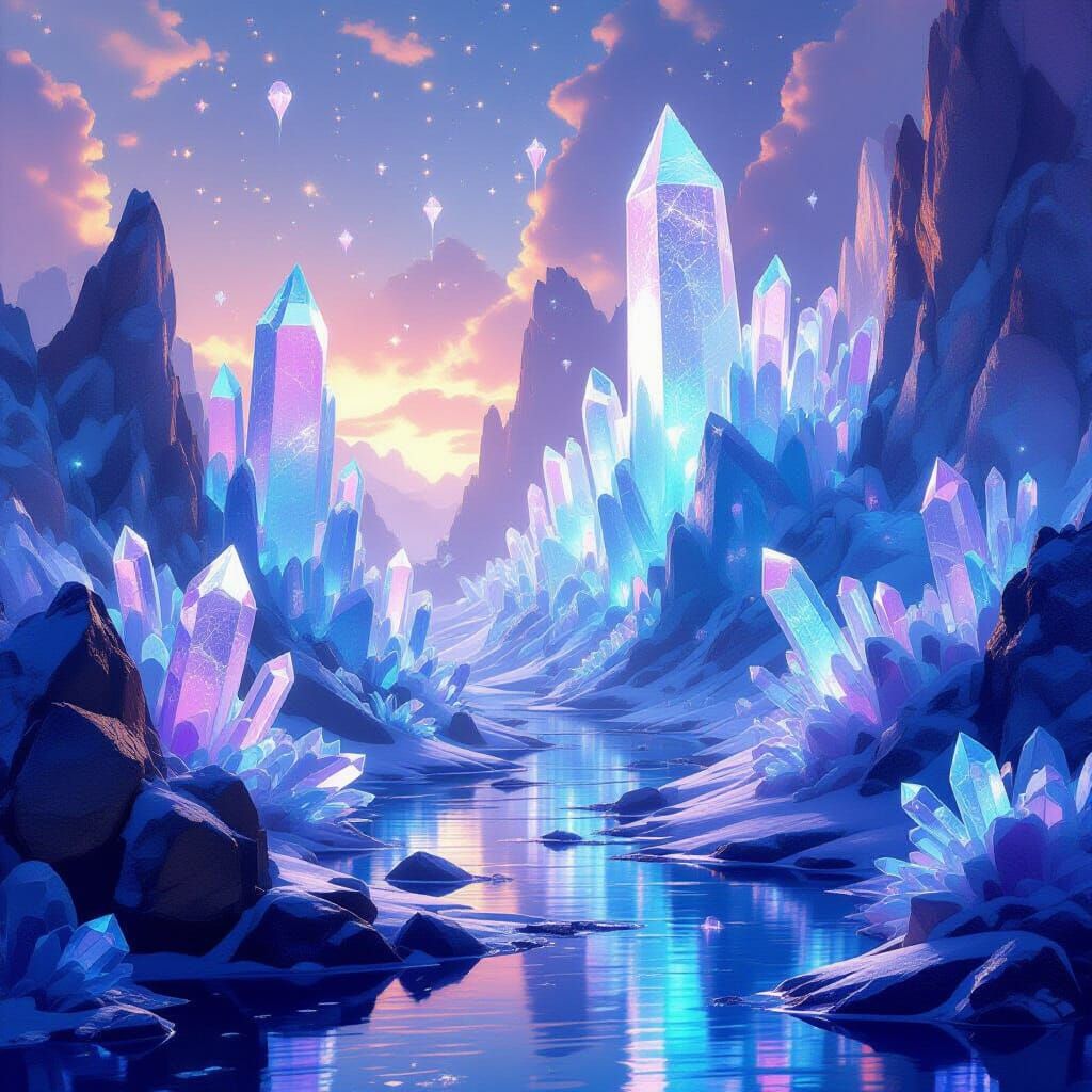 Crystalline Landscape With Ethereal Creatures