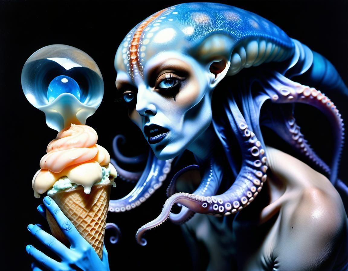 Alien Goddess Eating Ice Cream in Sinister Psychedelic Art