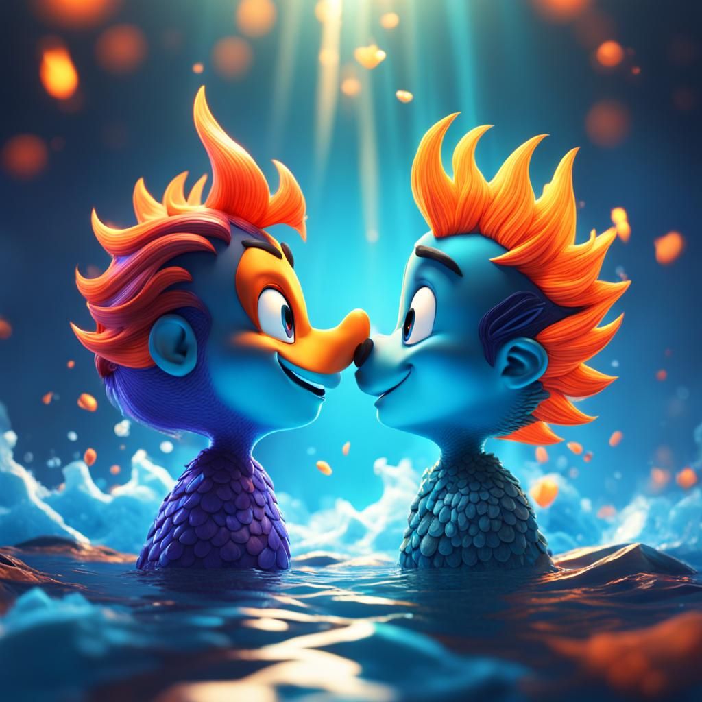 Fire and Water Kissing: 3D Digital Art