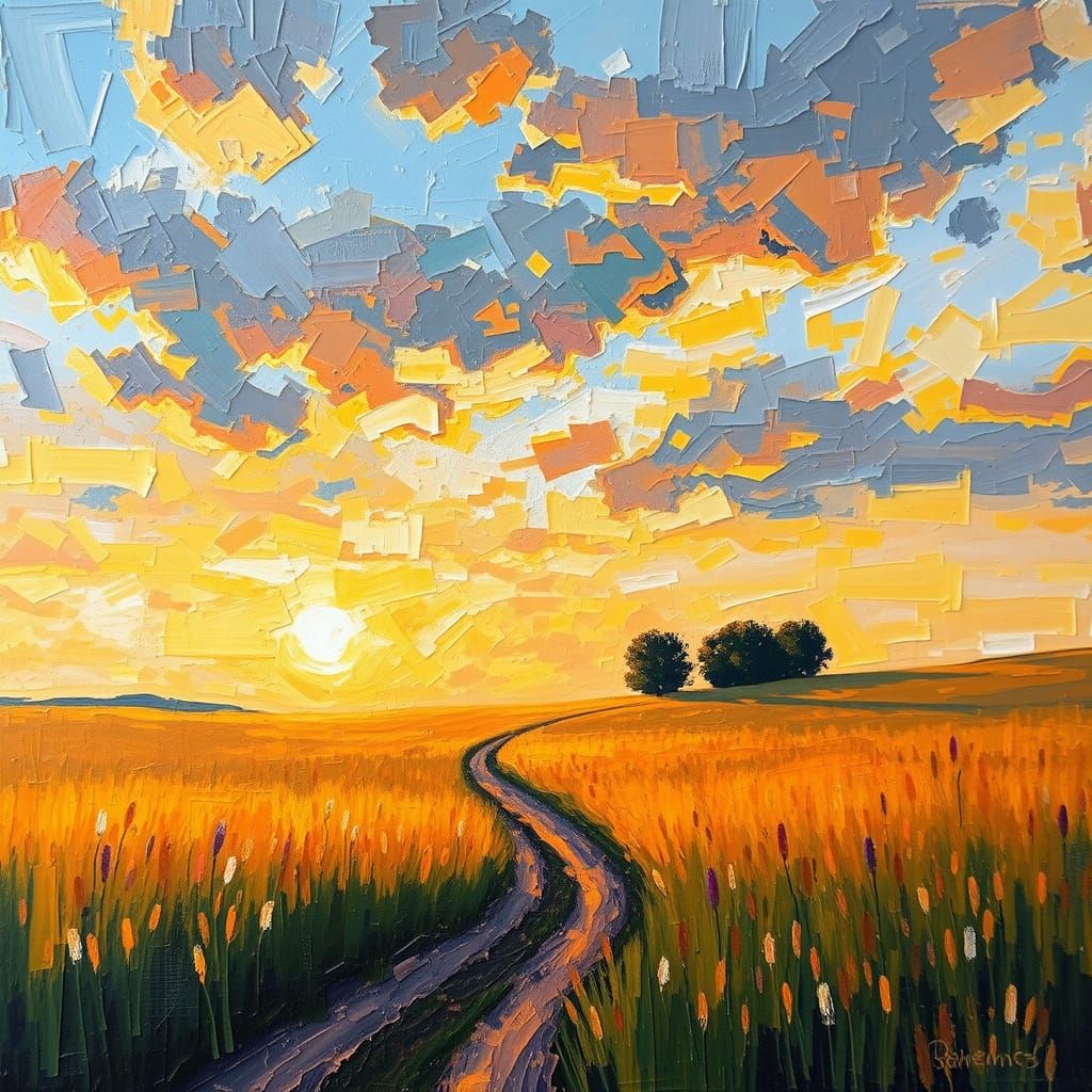 Golden Rye Field in Neo-Impressionist Style