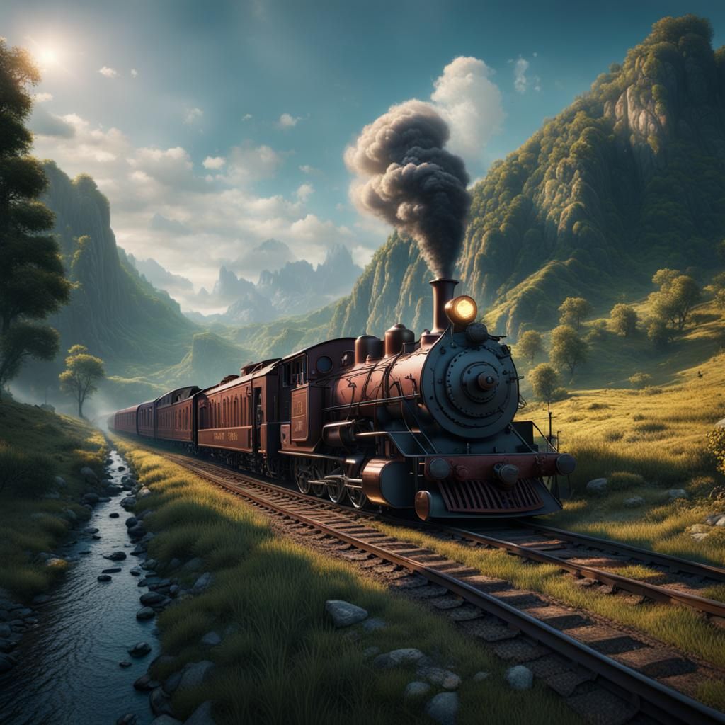 Fantastical Train Journey Through Colorful Countryside