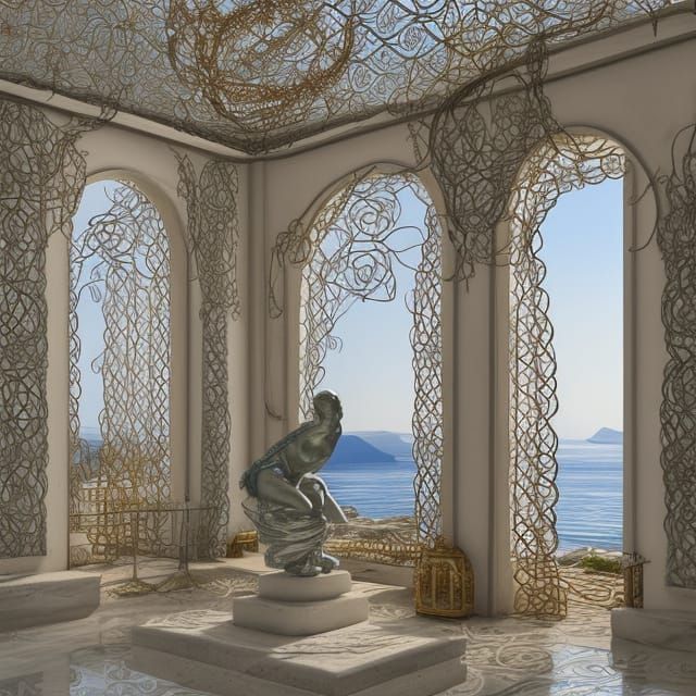 Futuristic Greek Seaside Living Room Watercolor