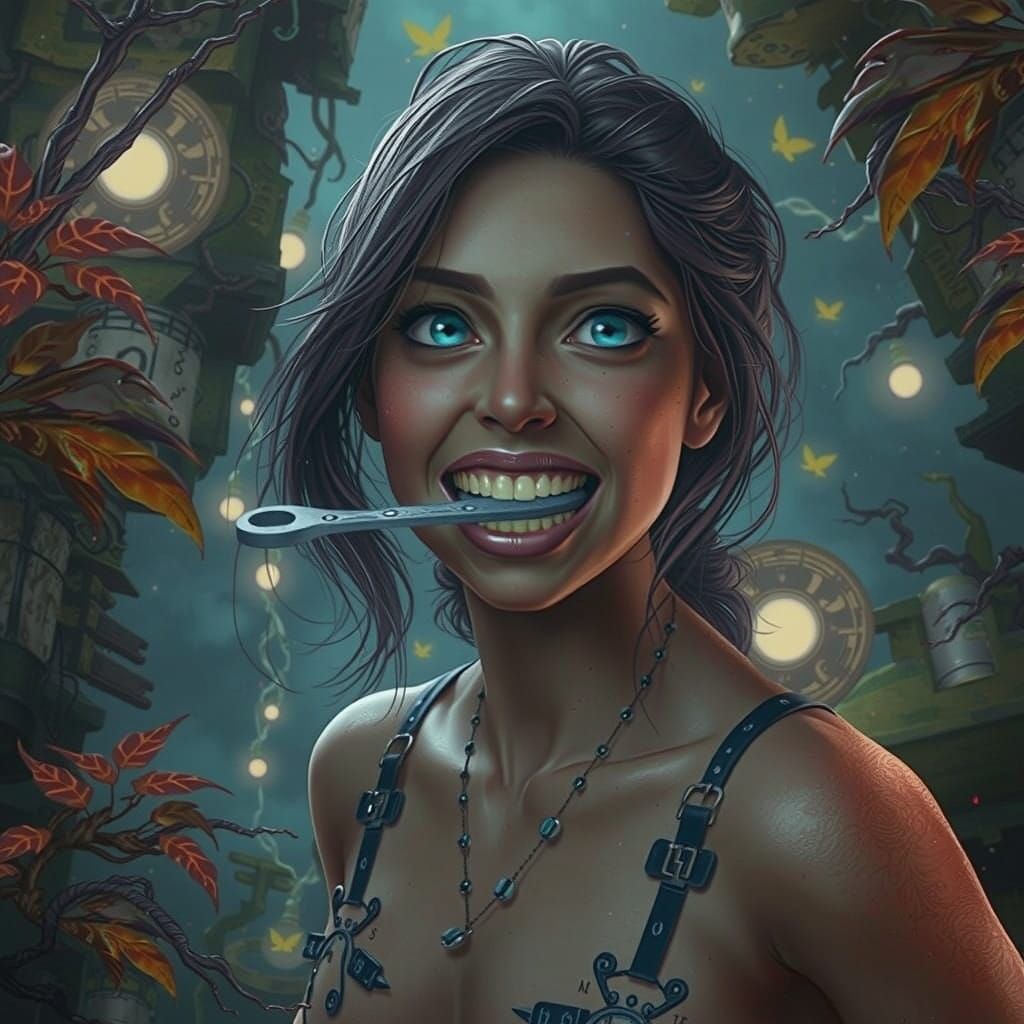 Mystical Figure Speaks with Rusty Wrench Between Teeth