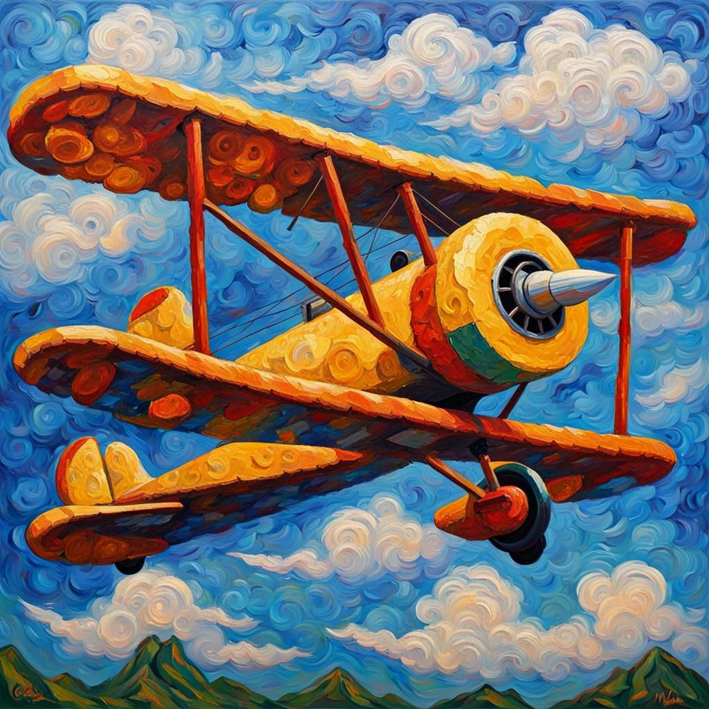 Guitar-Winged Biplane in Expressionist Oil Painting