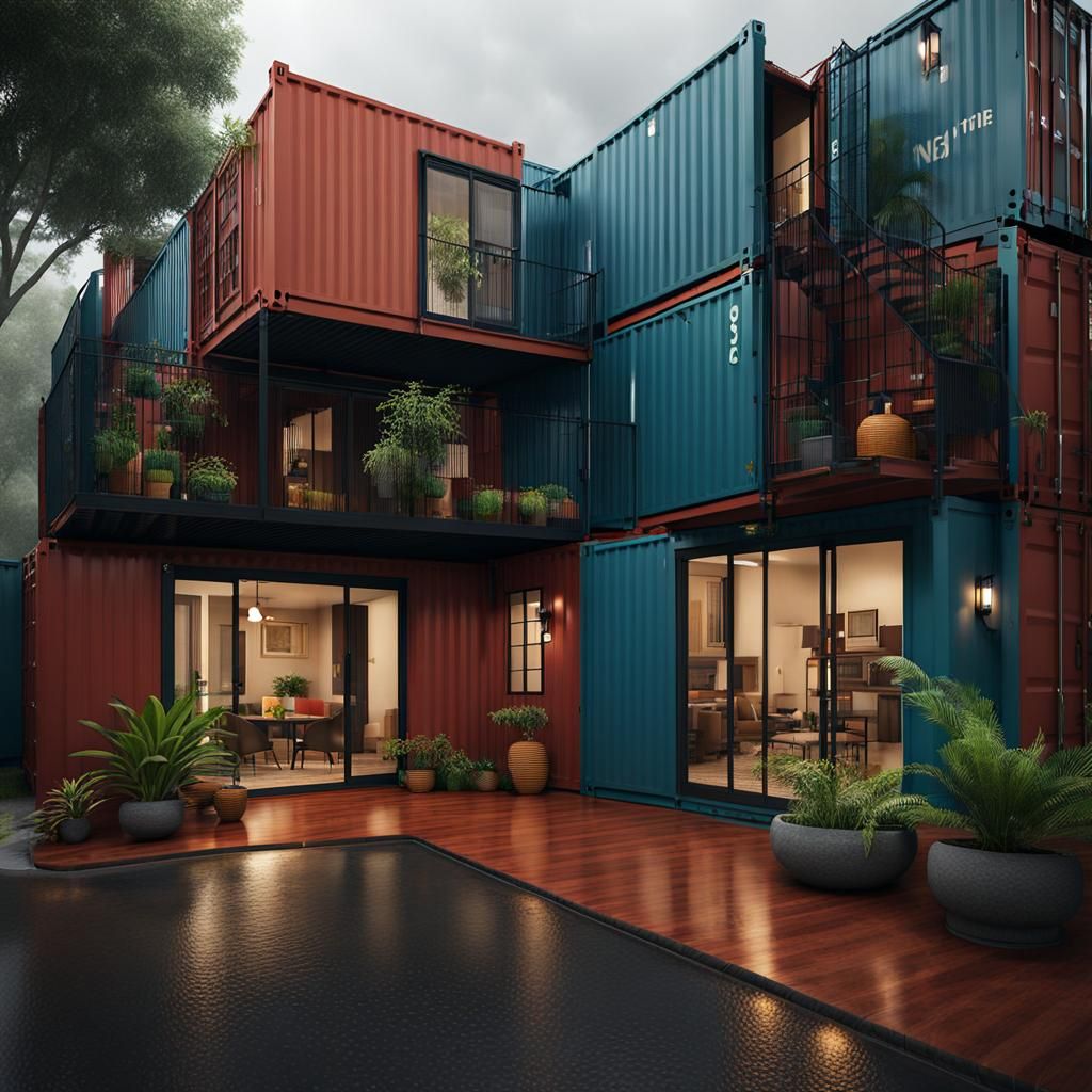 Spanish Courtyard House from Shipping Containers: 90s Render