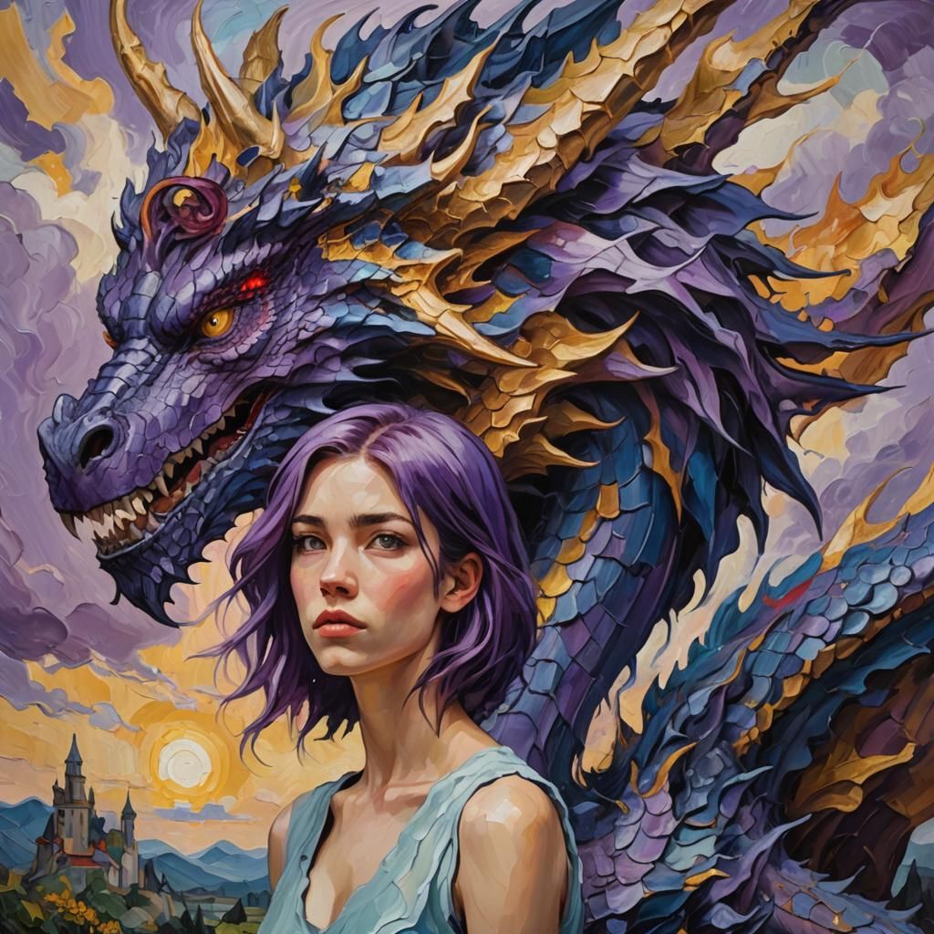 Woman and Dragon in Neo-Expressionist Oil Painting