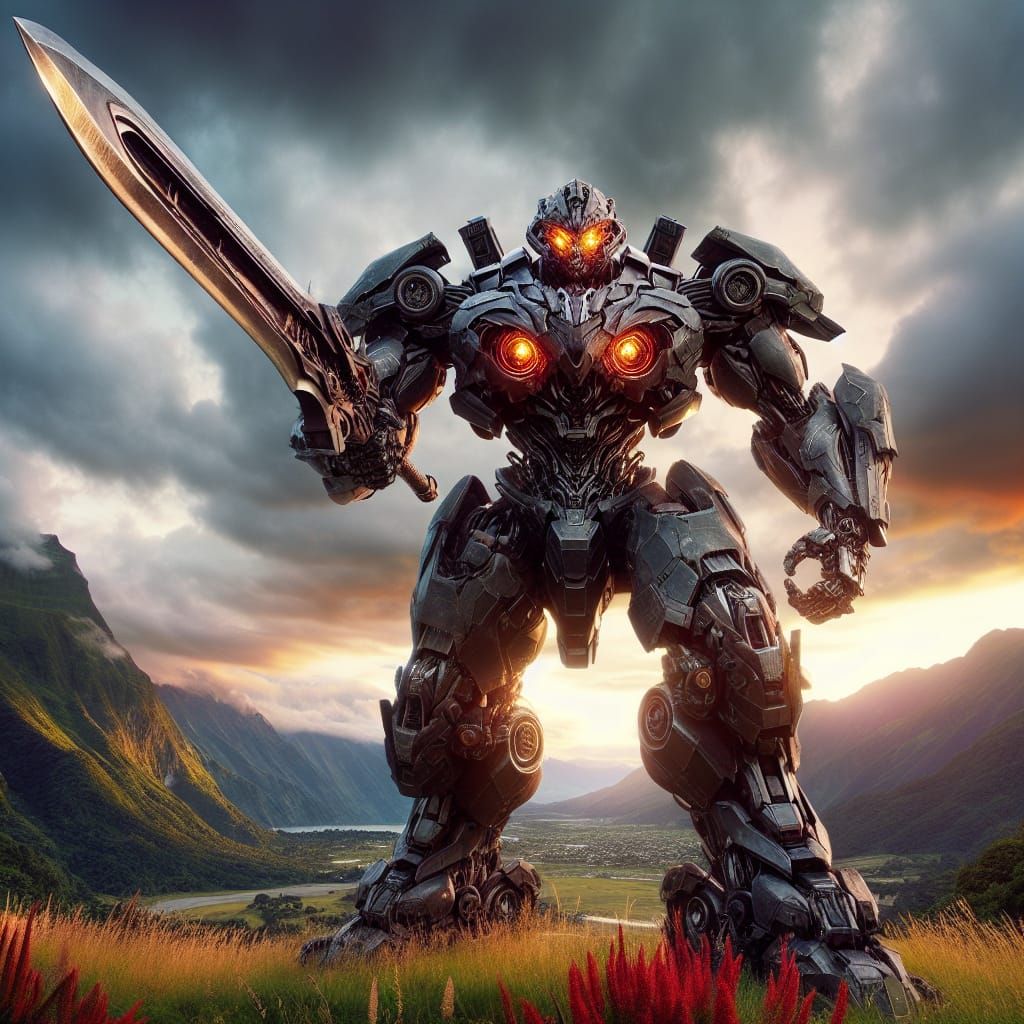 Gundam-Style Robot Warrior with Sword in Scenic Landscape