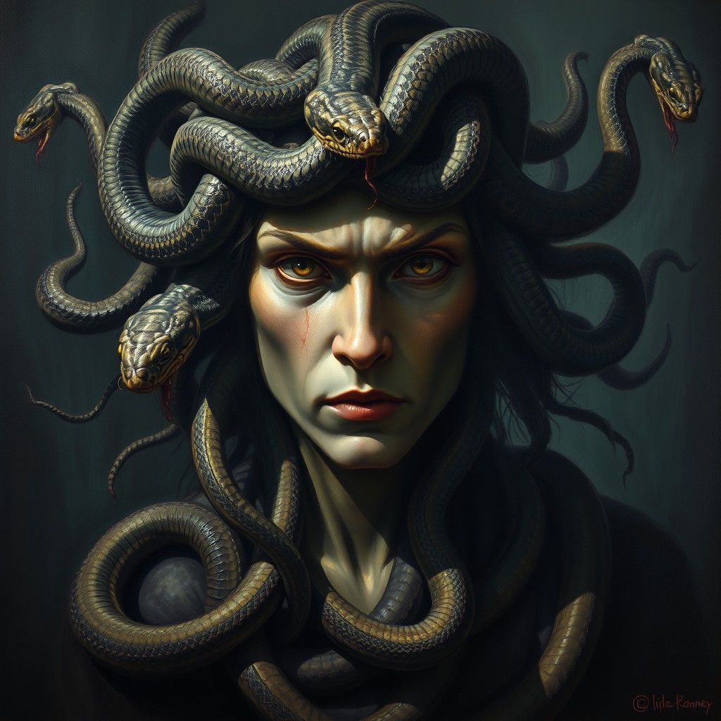 Medusa with Serpent Hair in Dramatic Oil Painting
