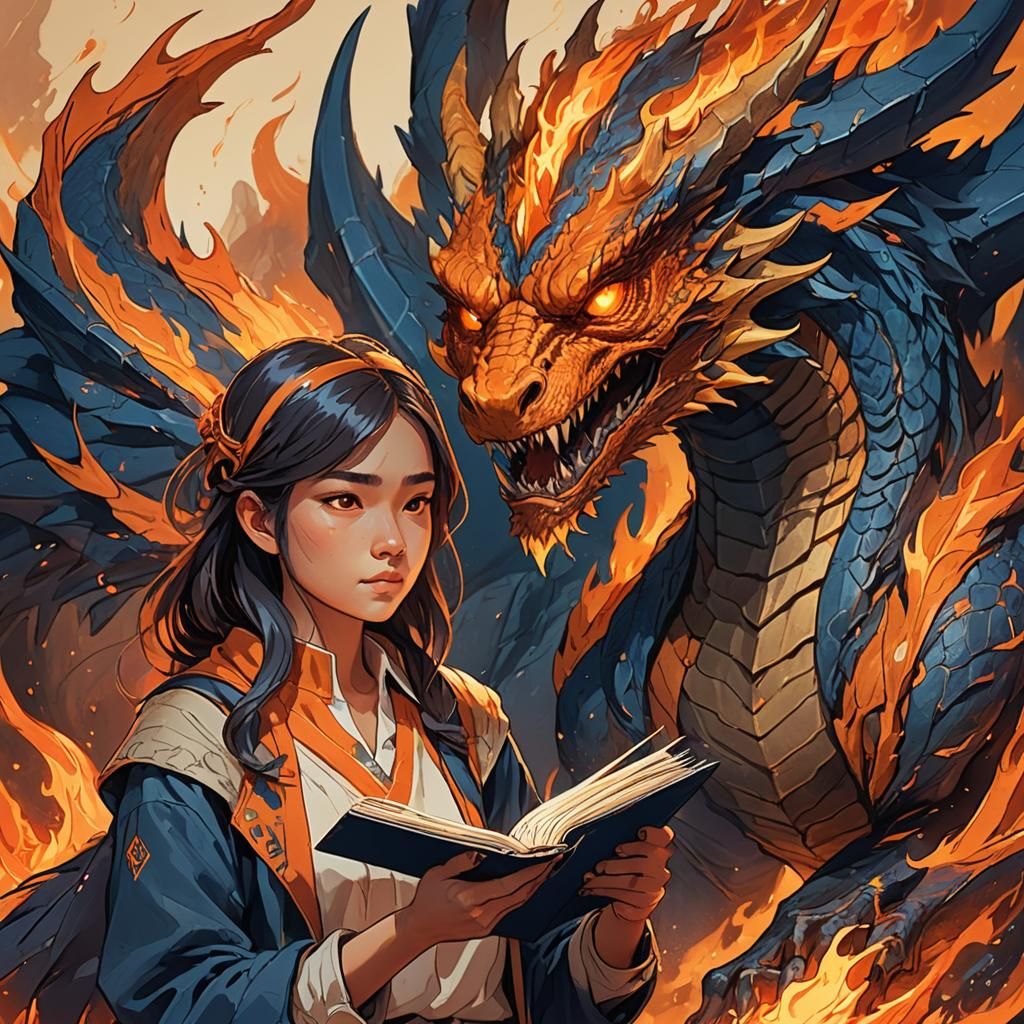 Girl Sketching a Fiery Dragon: Vibrant Concept Art