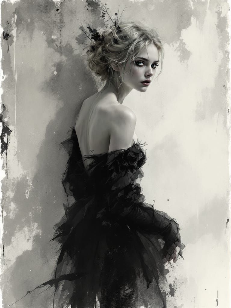 Gothic Romantic Pin-Up in Monochrome with Jewel Accents