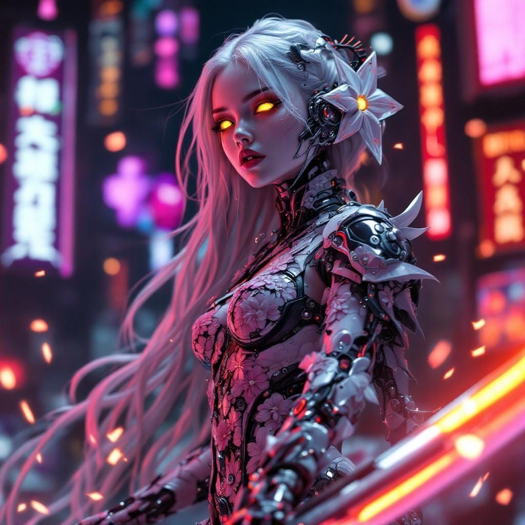 Cyborg Flower-Drum Girl in Cyberpunk Oil Realism