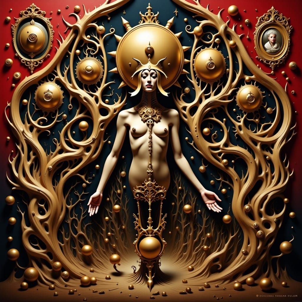 Surreal Hidden Presence Painting in Crimson and Gold