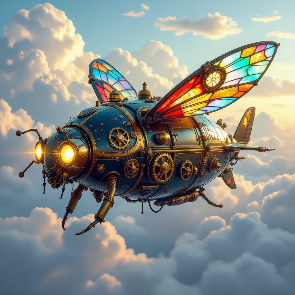 Steampunk Scarab Zeppelin Drifting Through Clouds