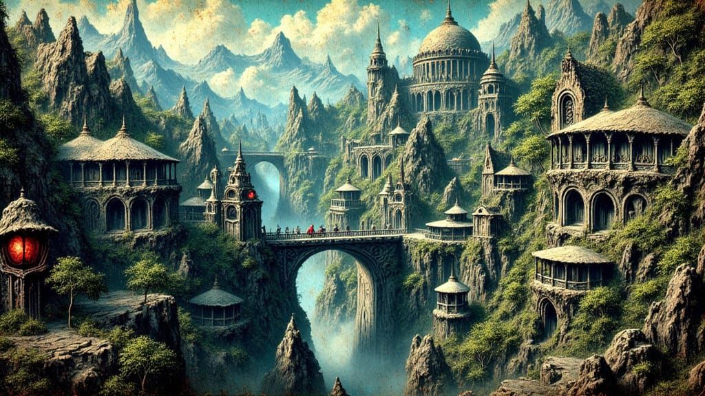 Majestic Elven City in Mountain Canyon