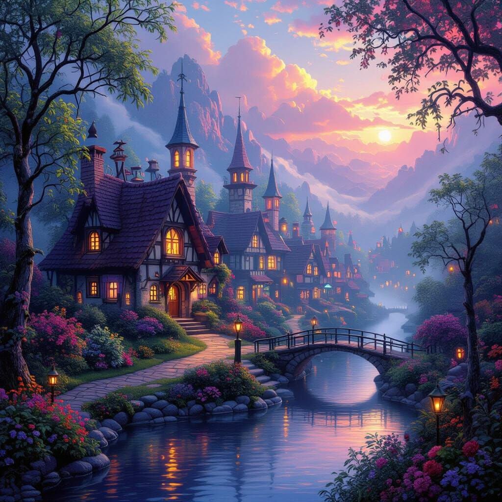 Enchanted Village in Neon Dreamscape Style