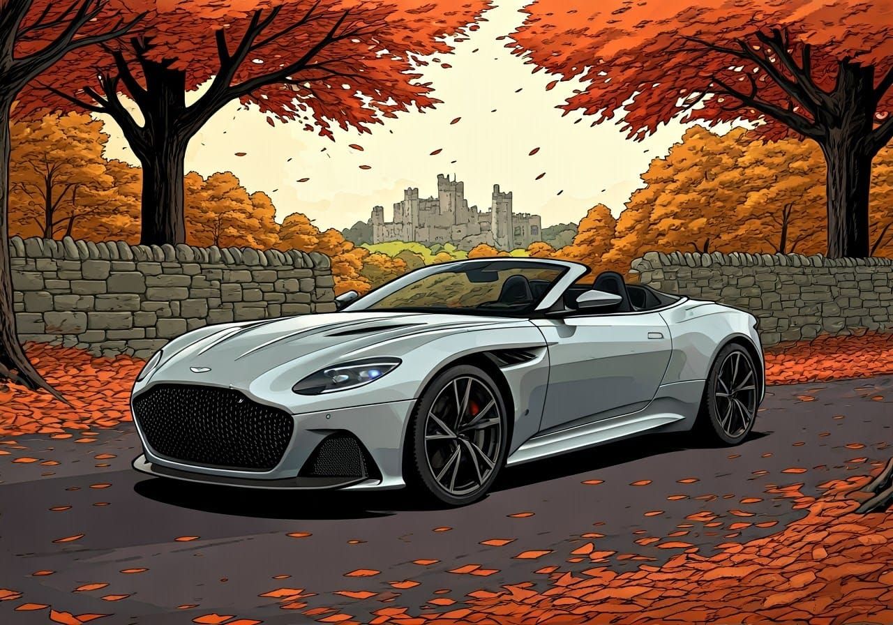 Aston Martin Amidst Autumn Foliage: Comic Art Style