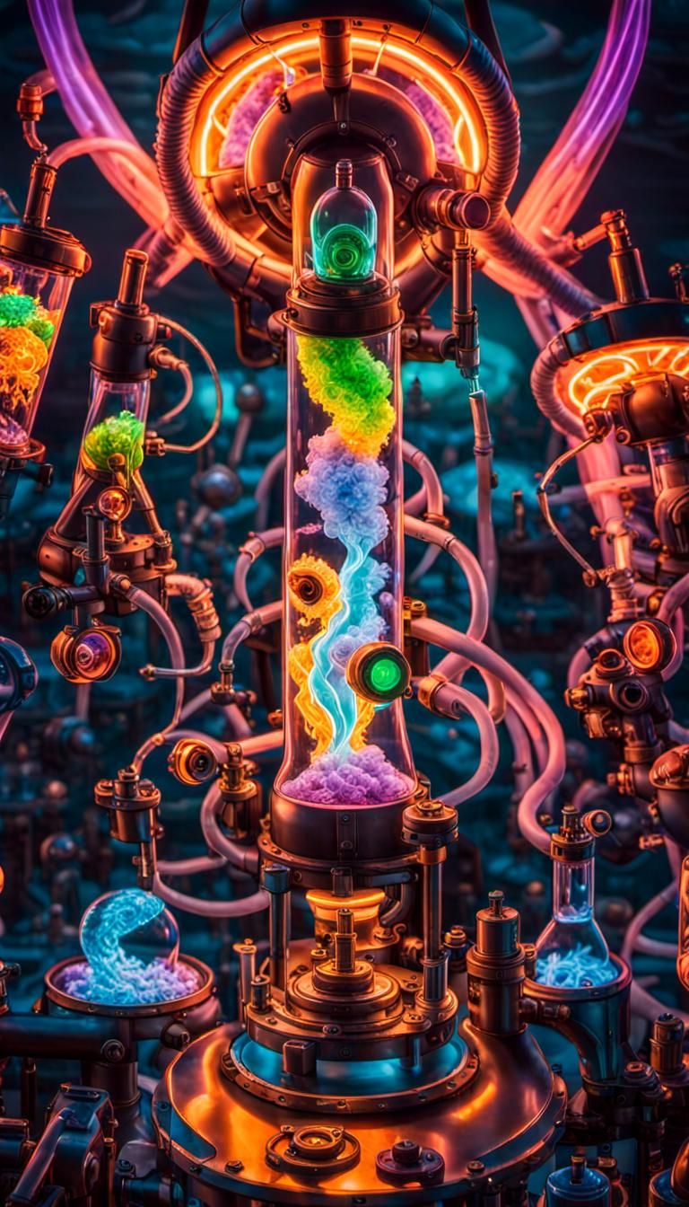 Complex Machines in Smoke and Neon Backlight