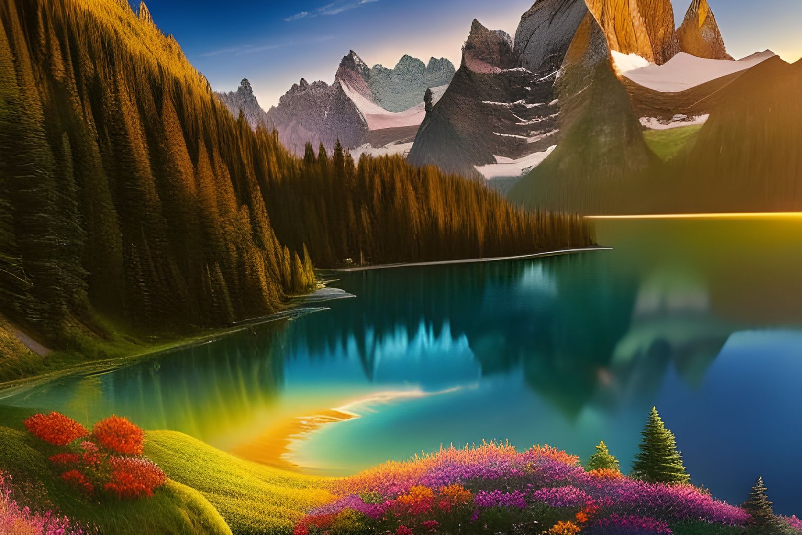 "Panorama of Gorgeous Swiss Alps Landscape with water, mountains, wildflowers" -3878