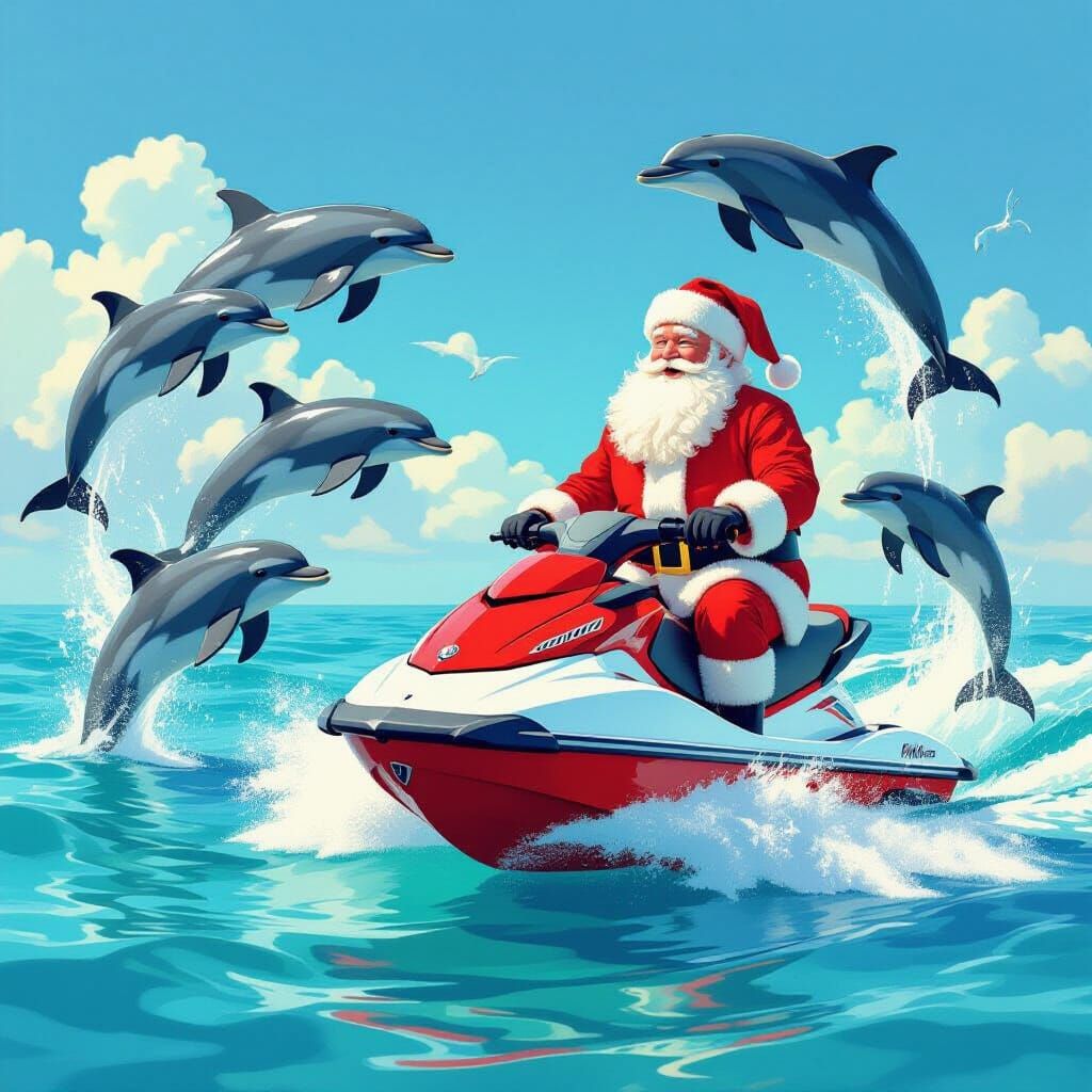 Santa Claus Jet Skiing with Playful Dolphins