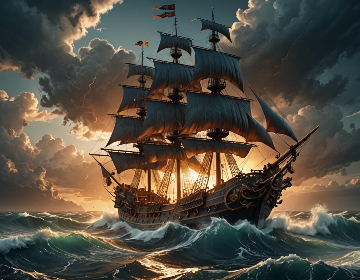 Pirate Ship on Stormy Sea: Vivid Digital Art