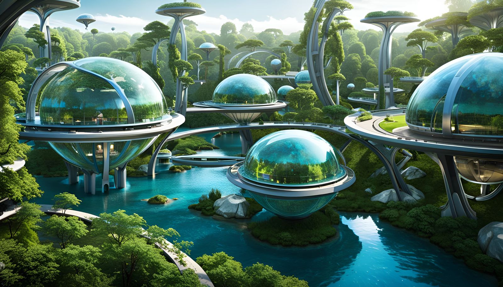 Futuristic Glass City in Green Natural Space