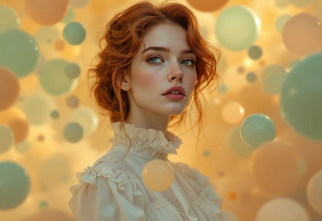 Ethereal Woman in Dreamscape with Floating Orbs