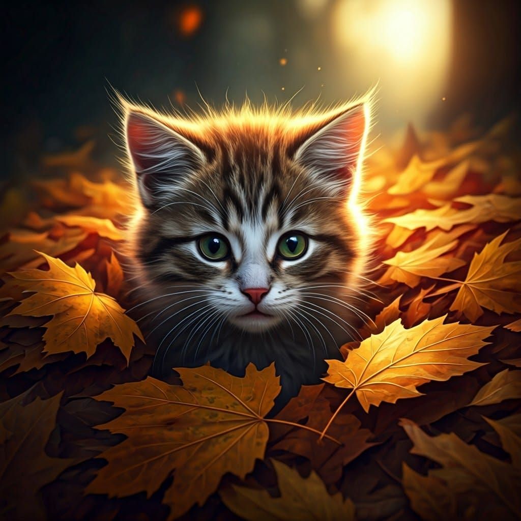 Cute Kitten in Fall Leaves: Detailed Matte Painting
