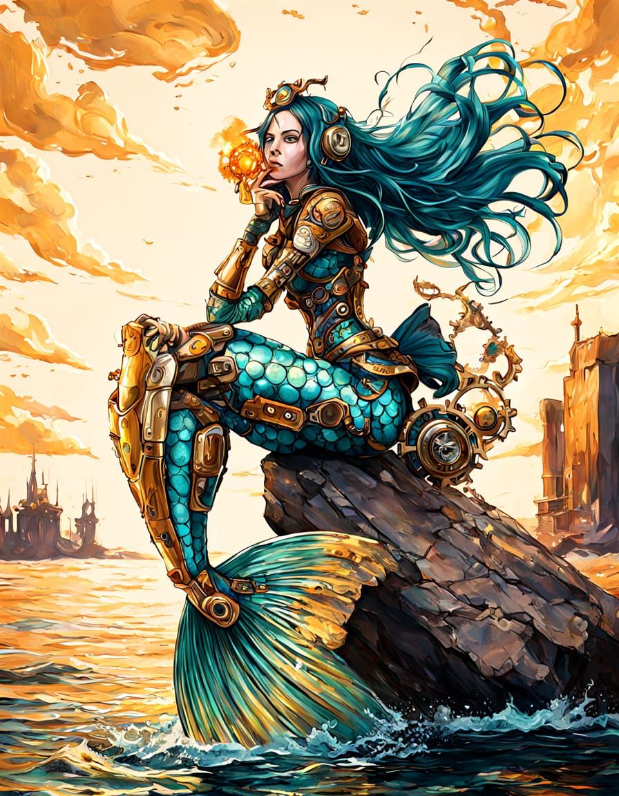 Steampunk Cyborg Mermaid in Teal and Gold