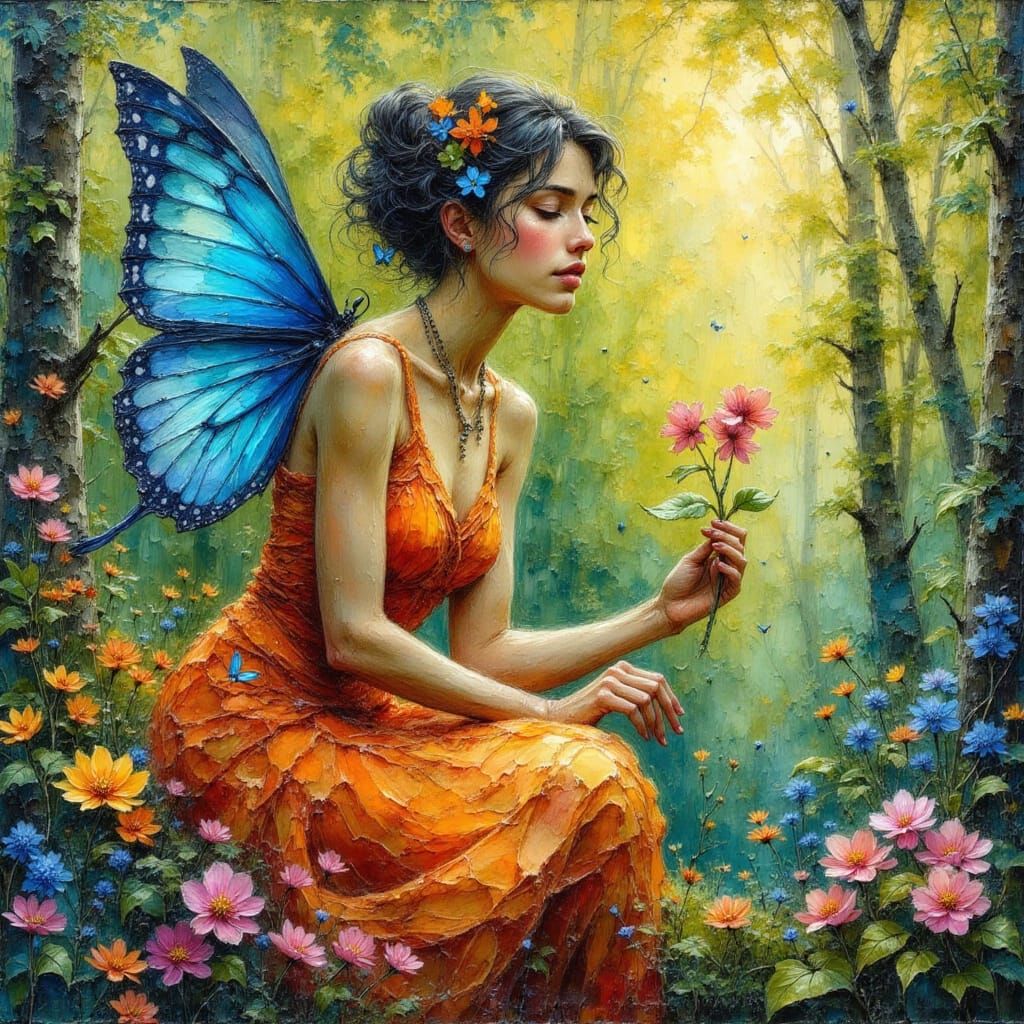 Dryad Picking Flowers as Impasto Oil Painting