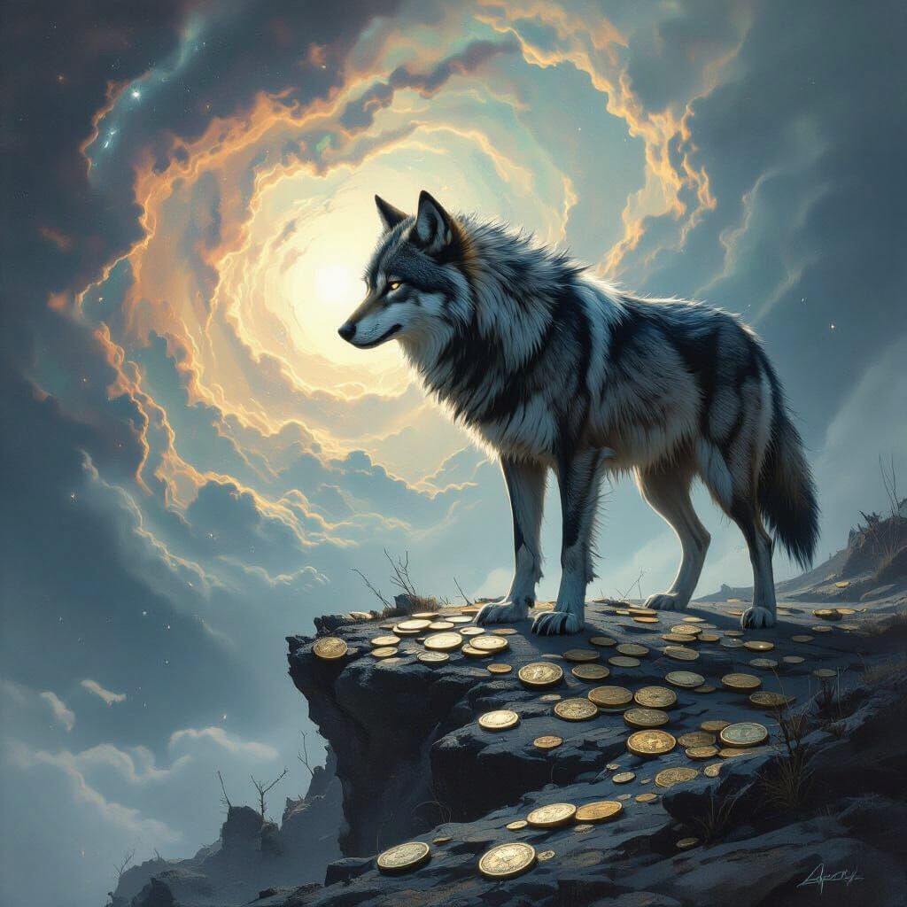 Cosmic Wolf on Precipice Overlooking Nebula