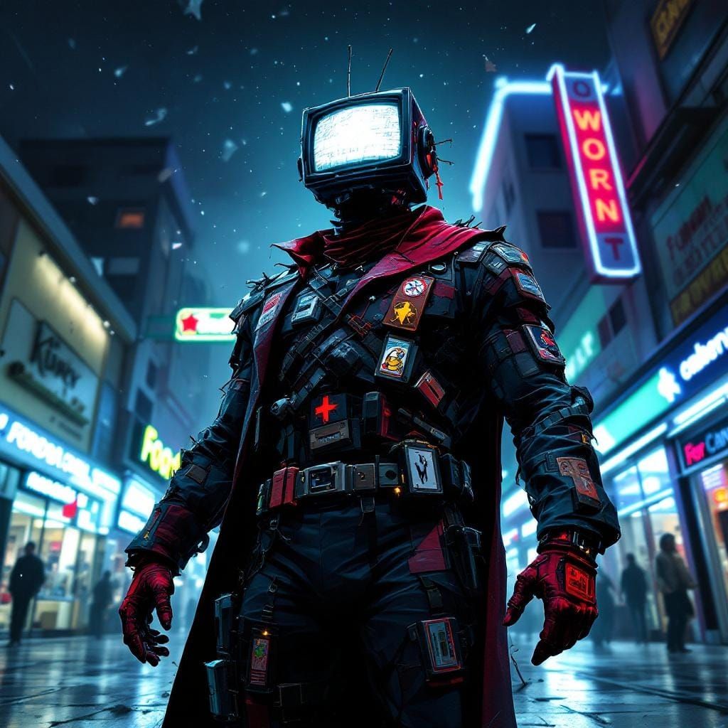 A surreal, cinematic illustration of a fictional supervillai...