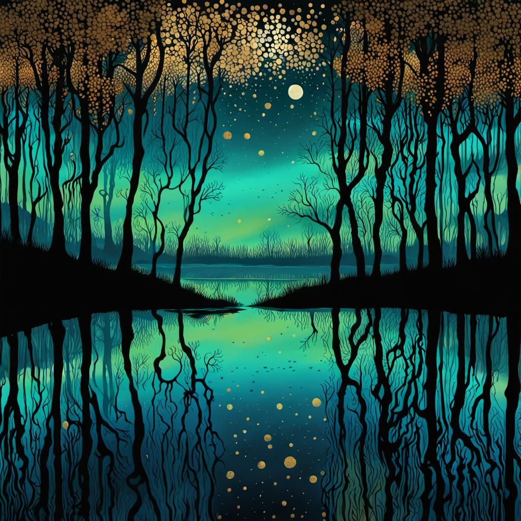 Magical Moor Reflection in Gouache with Gilding