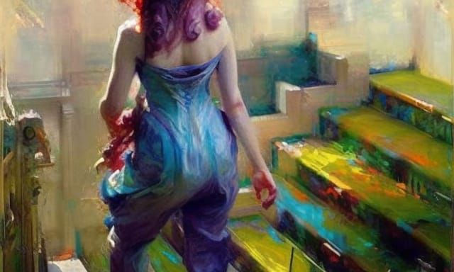 Girl Ascending Staircase in Colorful Landscape