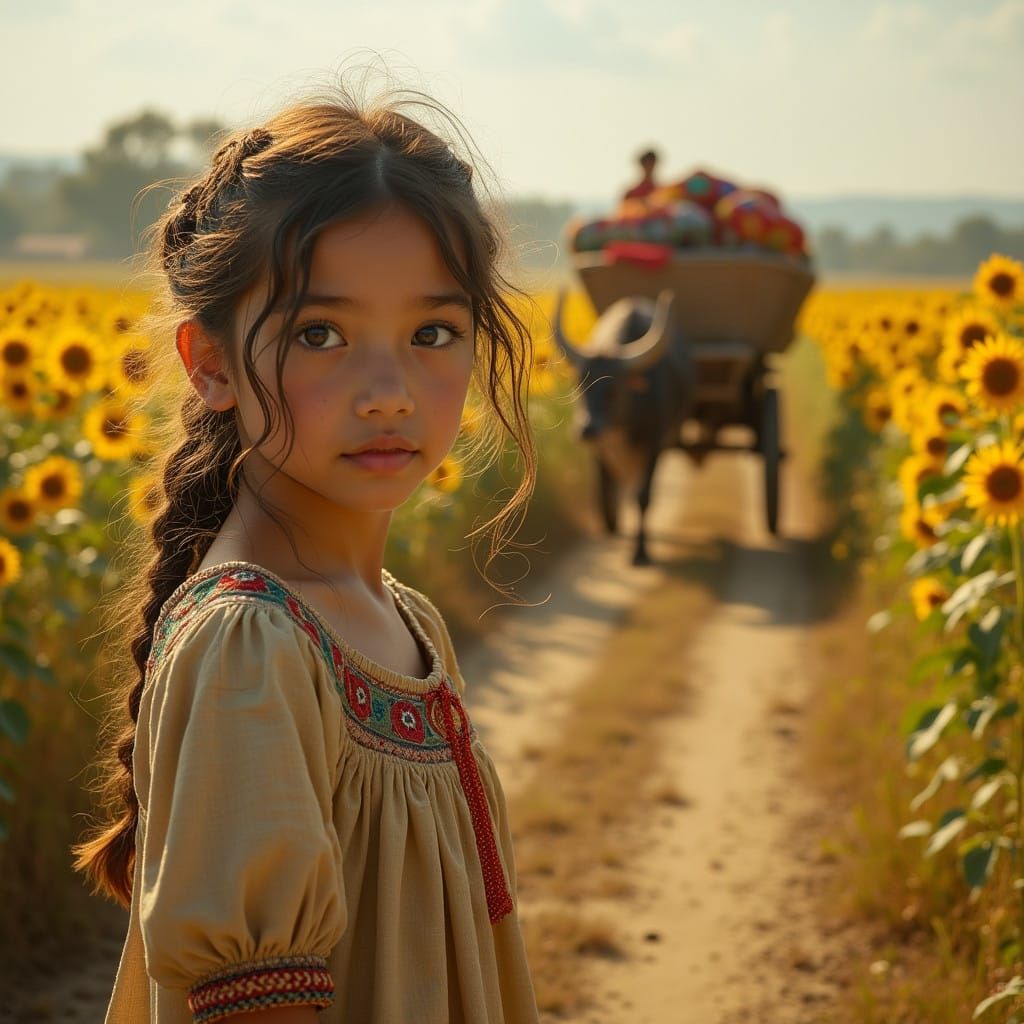 Surreal Pre-Raphaelite Girl Stands Amidst Sunflowers in Eart...