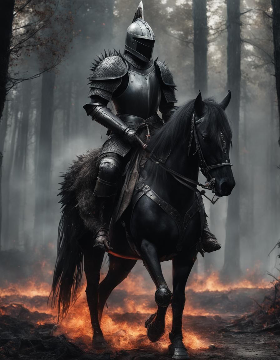 Cursed Knight in Burning Forest: Hyperrealistic Digital Art