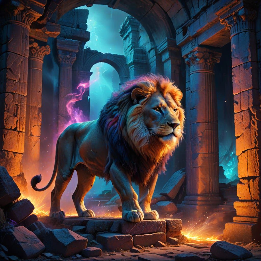 Majestic Lion Prowls Ancient Ruins in Painterly Style