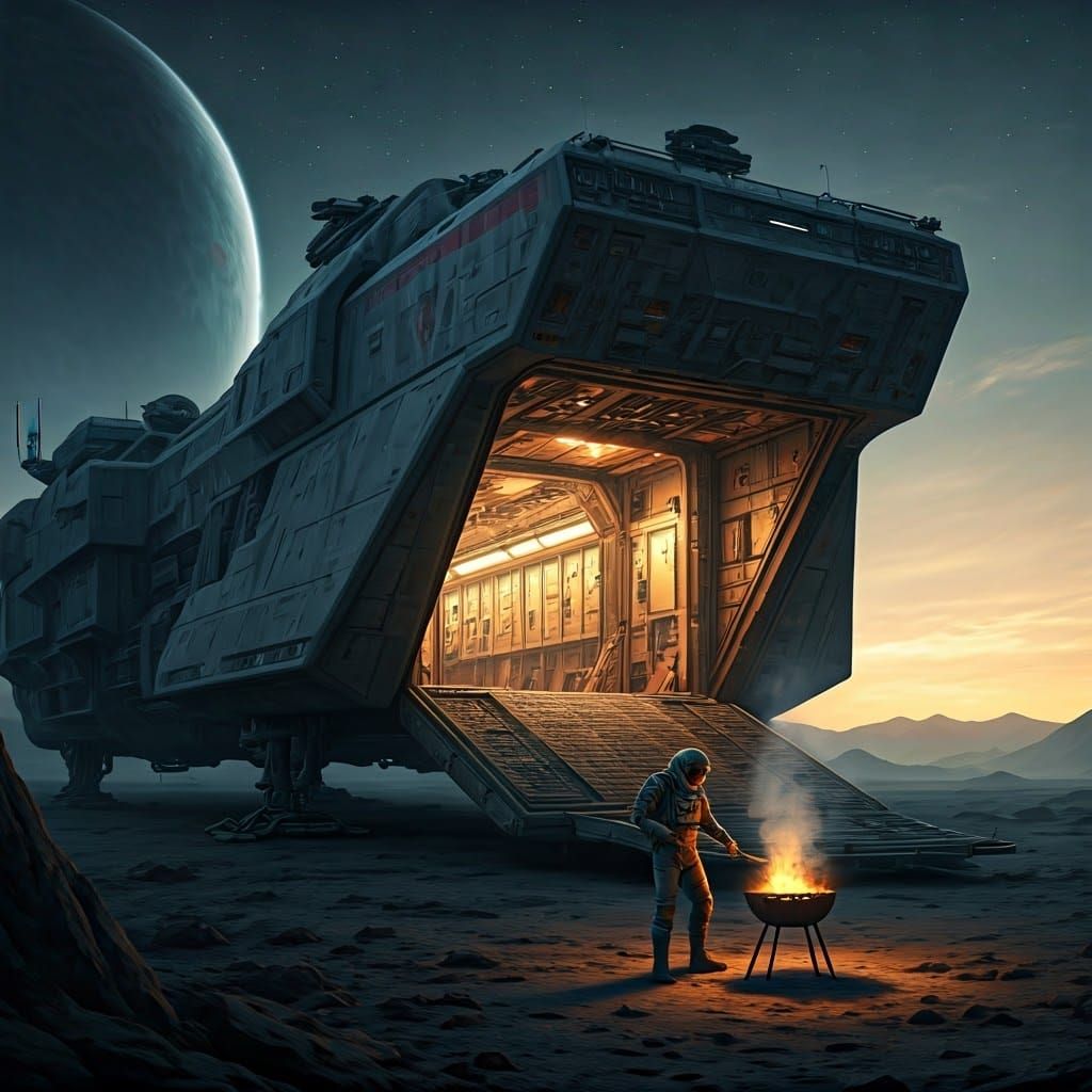 Spacecraft in Alien Landscape with Barbecue Scene