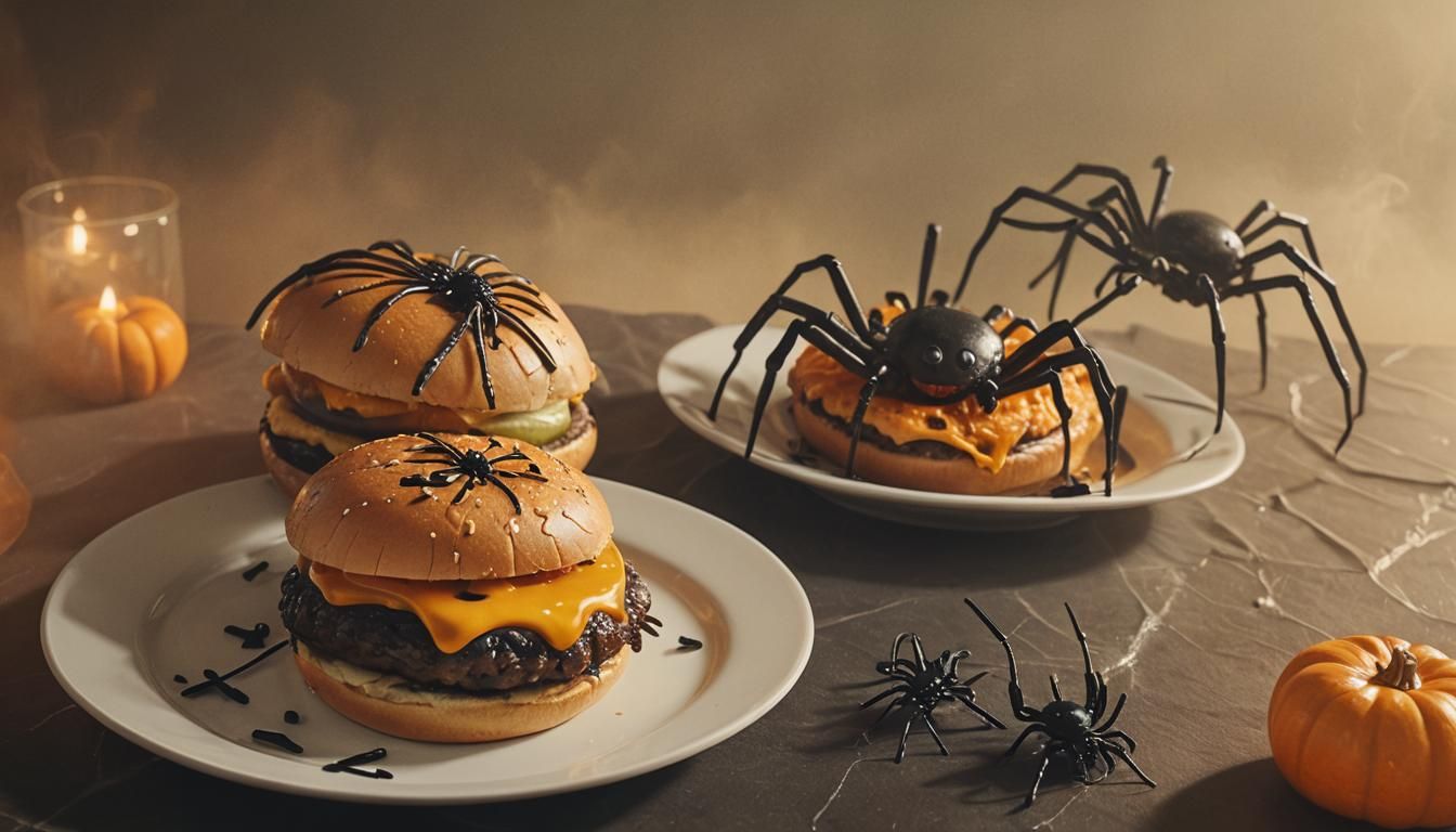 Halloween Cheeseburgers with Spiders: Cinematic Still